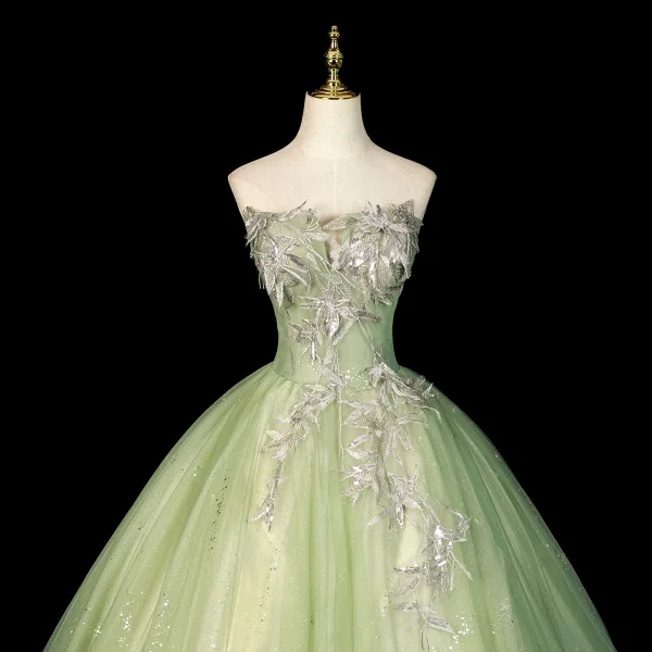 Élégant Vert Cendré Perlage En Dentelle Fleur Robe De Bal 2026 Robe Boule Bustier Sans Manches Dos Nu Longue Robe De Ceremonie