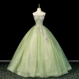 Élégant Vert Cendré Perlage En Dentelle Fleur Robe De Bal 2026 Robe Boule Bustier Sans Manches Dos Nu Longue Robe De Ceremonie