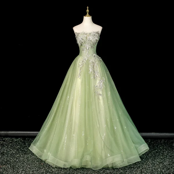 Élégant Vert Cendré Perlage En Dentelle Fleur Robe De Bal 2026 Robe Boule Bustier Sans Manches Dos Nu Longue Robe De Ceremonie