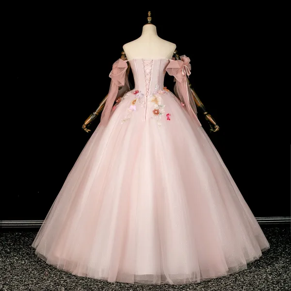 Flower Fairy Blushing Pink Beading Pearl Sequins Appliques Prom Dresses 2026 Ball Gown