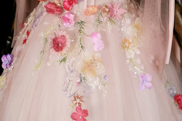 Flower Fairy Blushing Pink Beading Pearl Sequins Appliques Prom Dresses  2026 Ball Gown Off-The-Shoulder Short Sleeve Backless Floor-Length / Long Formal  Dresses