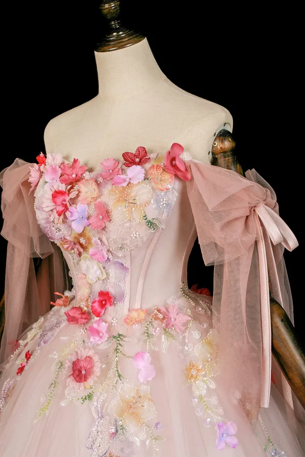 Blumenfee Rosa Perlenstickerei Perle Pailletten Applikationen Ballkleider 2026 Ballkleid Off Shoulder Kurze Ärmel Rückenfreies Lange Festliche Kleider