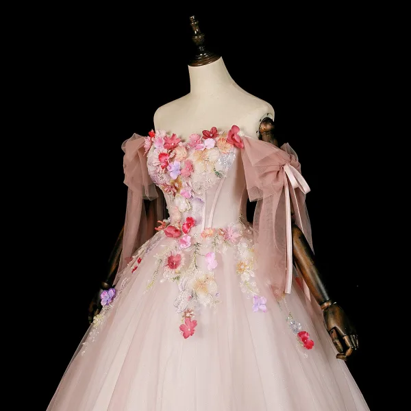 Blumenfee Rosa Perlenstickerei Perle Pailletten Applikationen Ballkleider 2026 Ballkleid Off Shoulder Kurze Ärmel Rückenfreies Lange Festliche Kleider