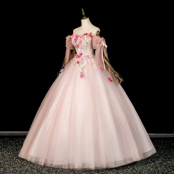 Blumenfee Rosa Perlenstickerei Perle Pailletten Applikationen Ballkleider 2026 Ballkleid Off Shoulder Kurze Ärmel Rückenfreies Lange Festliche Kleider