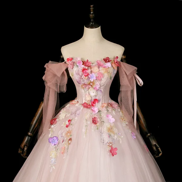 Flower Fairy Blushing Pink Beading Pearl Sequins Appliques Prom Dresses  2026 Ball Gown Off-The-Shoulder Short Sleeve Backless Floor-Length / Long  Formal Dresses