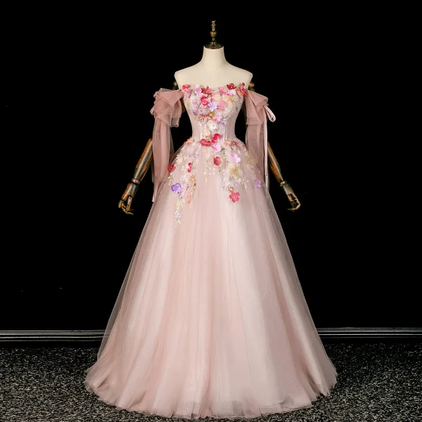 fairy prom dress with sleeves Long Sleeve Prom Dresses A-line Scoop Floor-length Lace Long Fairy Pro –  Anna PromDress main image 1