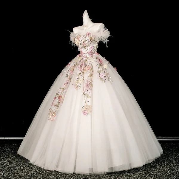 Illusion White Beading Sequins Appliques Prom Dresses 2026 Ball Gown Off-The-Shoulder Short Sleeve Backless Floor-Length / Long Formal Dresses