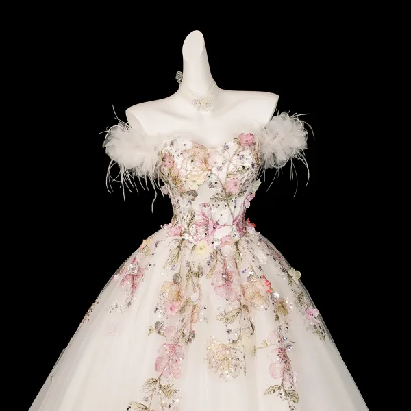Illusion White Beading Sequins Appliques Prom Dresses 2026 Ball Gown Off-The-Shoulder Short Sleeve Backless Floor-Length / Long Formal Dresses