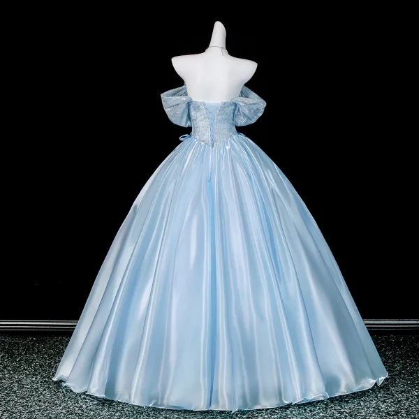 Fashion Sky Blue Bow Sequins Appliques Prom Dresses 2026 Ball Gown Off-The-Shoulder Short Sleeve Backless Floor-Length / Long Formal Dresses
