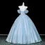 Fashion Sky Blue Bow Sequins Appliques Prom Dresses 2026 Ball Gown Off-The-Shoulder Short Sleeve Backless Floor-Length / Long Formal Dresses