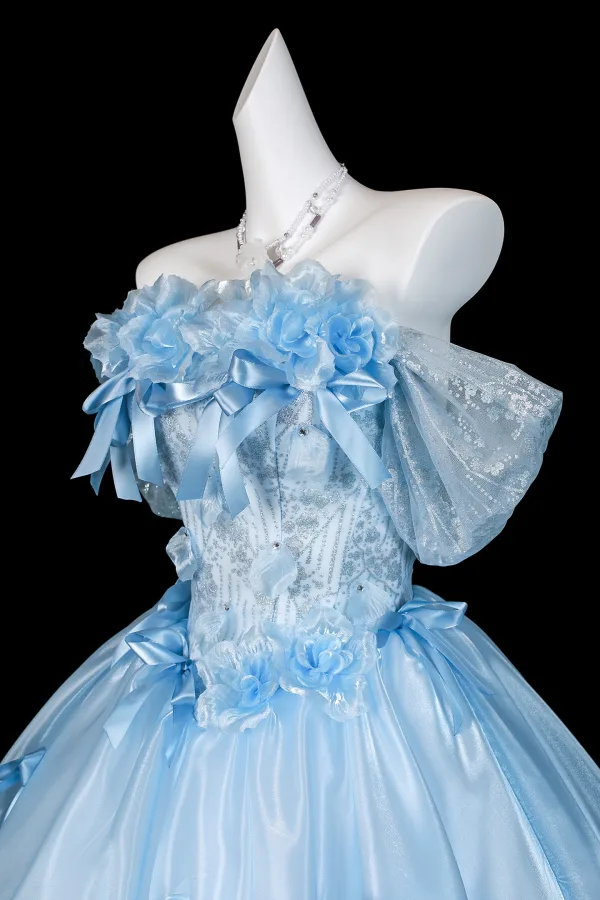 Fashion Sky Blue Bow Sequins Appliques Prom Dresses 2026 Ball Gown Off-The-Shoulder Short Sleeve Backless Floor-Length / Long Formal Dresses