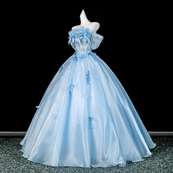 Fashion Sky Blue Bow Sequins Appliques Prom Dresses 2026 Ball Gown Off-The-Shoulder Short Sleeve Backless Floor-Length / Long Formal Dresses