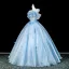 Fashion Sky Blue Bow Sequins Appliques Prom Dresses 2026 Ball Gown Off-The-Shoulder Short Sleeve Backless Floor-Length / Long Formal Dresses