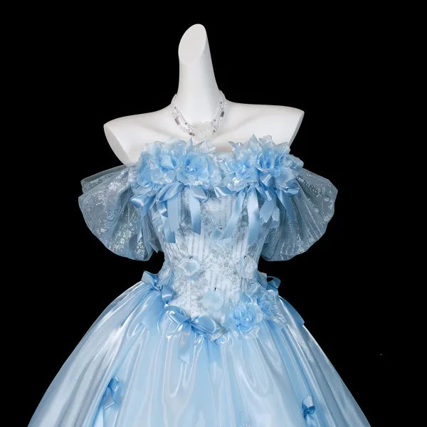 Fashion Sky Blue Bow Sequins Appliques Prom Dresses 2026 Ball Gown Off-The-Shoulder Short Sleeve Backless Floor-Length / Long Formal Dresses