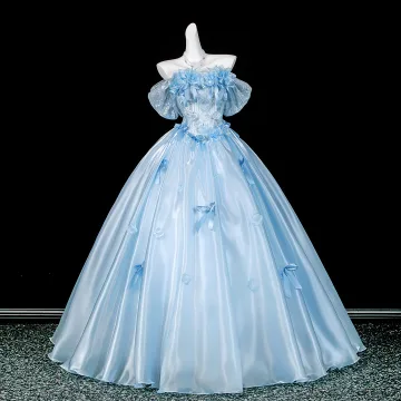 Mode Bleu Ciel Noeud Paillettes Appliques Robe De Bal 2026 Robe Boule De L Épaule Manches Courtes Dos Nu Longue Robe De Ceremonie