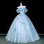 Fashion Sky Blue Bow Sequins Appliques Prom Dresses 2026 Ball Gown Off-The-Shoulder Short Sleeve Backless Floor-Length / Long Formal Dresses