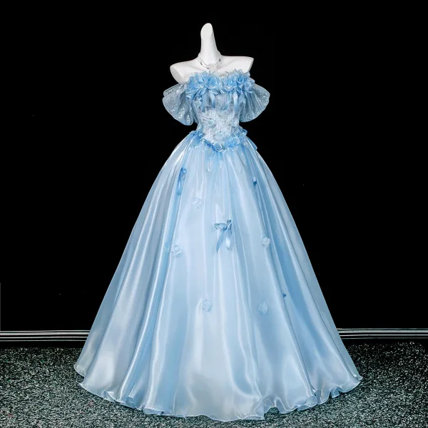Fashion Sky Blue Bow Sequins Appliques Prom Dresses 2026 Ball Gown Off-The-Shoulder Short Sleeve Backless Floor-Length / Long Formal Dresses