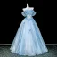 Fashion Sky Blue Bow Sequins Appliques Prom Dresses 2026 Ball Gown Off-The-Shoulder Short Sleeve Backless Floor-Length / Long Formal Dresses
