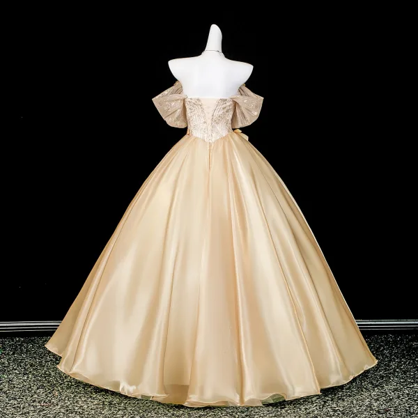Bling Bling Gold Sequins Appliques Prom Dresses 2026 Ball Gown Off-The-Shoulder Short Sleeve Backless Floor-Length / Long Formal Dresses