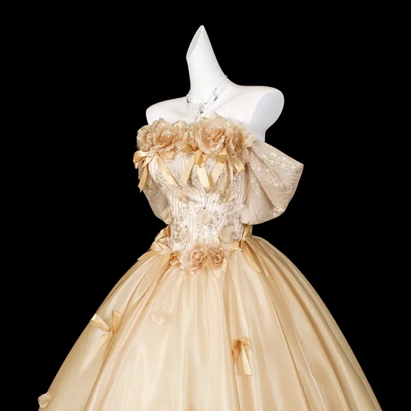 Bling Bling Gold Sequins Appliques Prom Dresses 2026 Ball Gown Off-The-Shoulder Short Sleeve Backless Floor-Length / Long Formal Dresses