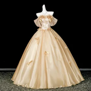 Bling Bling Gold Sequins Appliques Prom Dresses 2026 Ball Gown Off The Shoulder Short Sleeve Backless Floor Length Long Formal Dresses