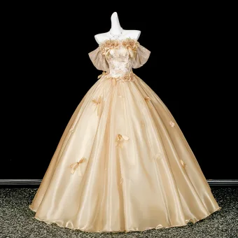 Bling Bling Gold Sequins Appliques Prom Dresses 2026 Ball Gown Off The Shoulder Short Sleeve Backless Floor Length Long Formal Dresses