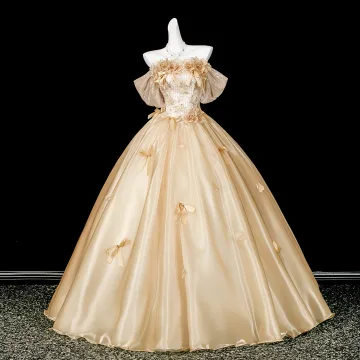 Bling Bling Doré Paillettes Appliques Robe De Bal 2026 Robe Boule De L Épaule Manches Courtes Dos Nu Longue Robe De Ceremonie