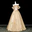 Bling Bling Gold Sequins Appliques Prom Dresses 2026 Ball Gown Off-The-Shoulder Short Sleeve Backless Floor-Length / Long Formal Dresses