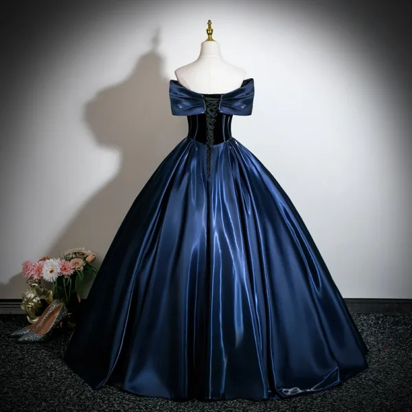 Vintage / Retro Navy Blue Beading Prom Dresses 2026 Ball Gown Off-The-Shoulder Short Sleeve Backless Floor-Length / Long Formal Dresses