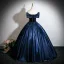 Vintage / Retro Navy Blue Beading Prom Dresses 2026 Ball Gown Off-The-Shoulder Short Sleeve Backless Floor-Length / Long Formal Dresses