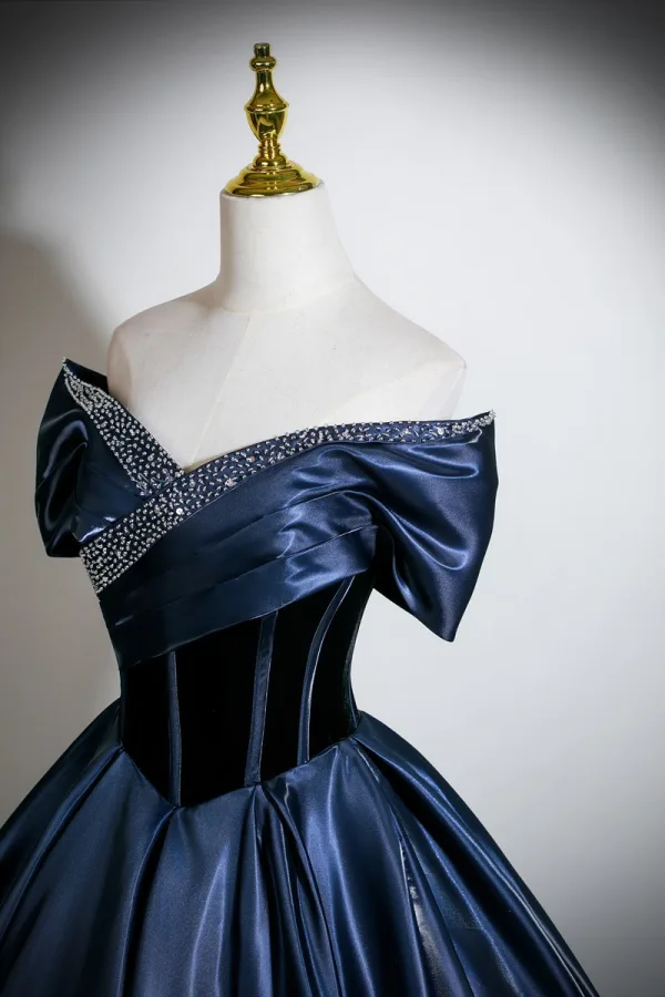 Vintage / Retro Navy Blue Beading Prom Dresses 2026 Ball Gown Off-The-Shoulder Short Sleeve Backless Floor-Length / Long Formal Dresses