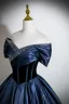 Vintage / Retro Navy Blue Beading Prom Dresses 2026 Ball Gown Off-The-Shoulder Short Sleeve Backless Floor-Length / Long Formal Dresses