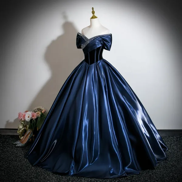 Vintage / Retro Navy Blue Beading Prom Dresses 2026 Ball Gown Off-The-Shoulder Short Sleeve Backless Floor-Length / Long Formal Dresses