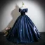 Vintage / Retro Navy Blue Beading Prom Dresses 2026 Ball Gown Off-The-Shoulder Short Sleeve Backless Floor-Length / Long Formal Dresses