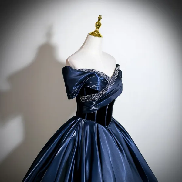Vintage / Retro Navy Blue Beading Prom Dresses 2026 Ball Gown Off-The-Shoulder Short Sleeve Backless Floor-Length / Long Formal Dresses
