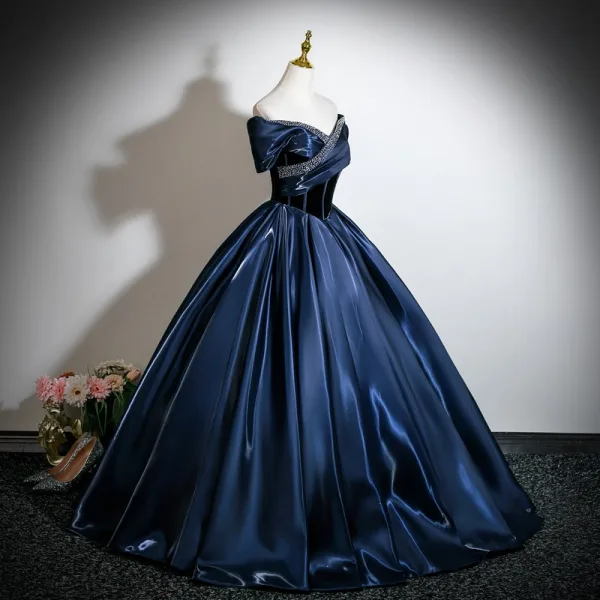 Vintage / Retro Navy Blue Beading Prom Dresses 2026 Ball Gown Off-The-Shoulder Short Sleeve Backless Floor-Length / Long Formal Dresses