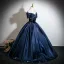 Vintage / Retro Navy Blue Beading Prom Dresses 2026 Ball Gown Off-The-Shoulder Short Sleeve Backless Floor-Length / Long Formal Dresses