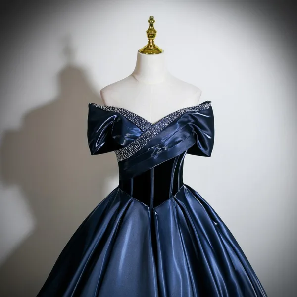 Vintage / Retro Navy Blue Beading Prom Dresses 2026 Ball Gown Off-The-Shoulder Short Sleeve Backless Floor-Length / Long Formal Dresses