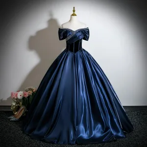 Vintage Retro Navy Blue Beading Prom Dresses 2026 Ball Gown Off The Shoulder Short Sleeve Backless Floor Length Long Formal Dresses