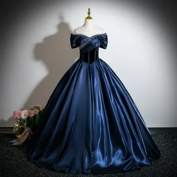 Vintage Retro Navy Blue Beading Prom Dresses 2026 Ball Gown Off The Shoulder Short Sleeve Backless Floor Length Long Formal Dresses