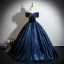 Vintage / Retro Navy Blue Beading Prom Dresses 2026 Ball Gown Off-The-Shoulder Short Sleeve Backless Floor-Length / Long Formal Dresses