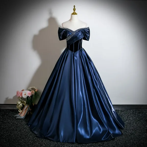 Vintage / Retro Navy Blue Beading Prom Dresses 2026 Ball Gown Off-The-Shoulder Short Sleeve Backless Floor-Length / Long Formal Dresses