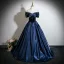 Vintage / Retro Navy Blue Beading Prom Dresses 2026 Ball Gown Off-The-Shoulder Short Sleeve Backless Floor-Length / Long Formal Dresses