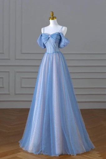 Occidental Bling Bling Bleu Ciel Perlage Perle Paillettes Glitter Robe De Bal 2024 Princesse Bretelles Spaghetti Dos Nu Longue Robe De Ceremonie