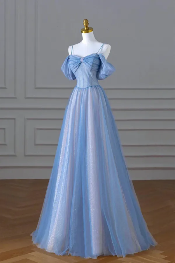 Spaghetti Straps Pearls Light Blue Satin A Line Prom Dress Spaghetti Straps Pearls Light Blue Satin A Line Prom Dress
