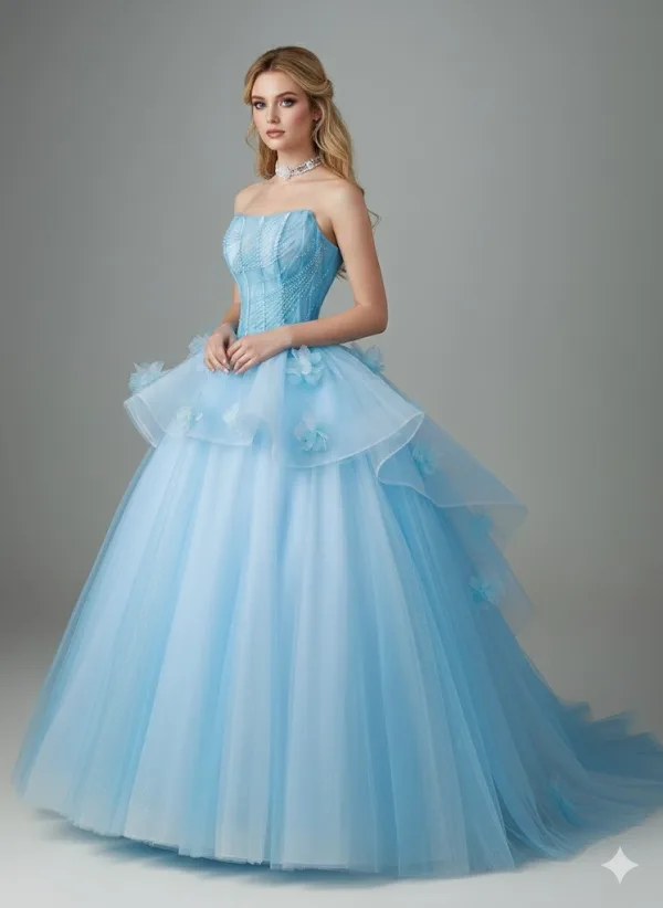 Elegant Sky Blue Appliques Beading Prom Dresses 2026 Ball Gown Strapless Sleeveless Backless Floor-Length / Long Prom Formal Dresses