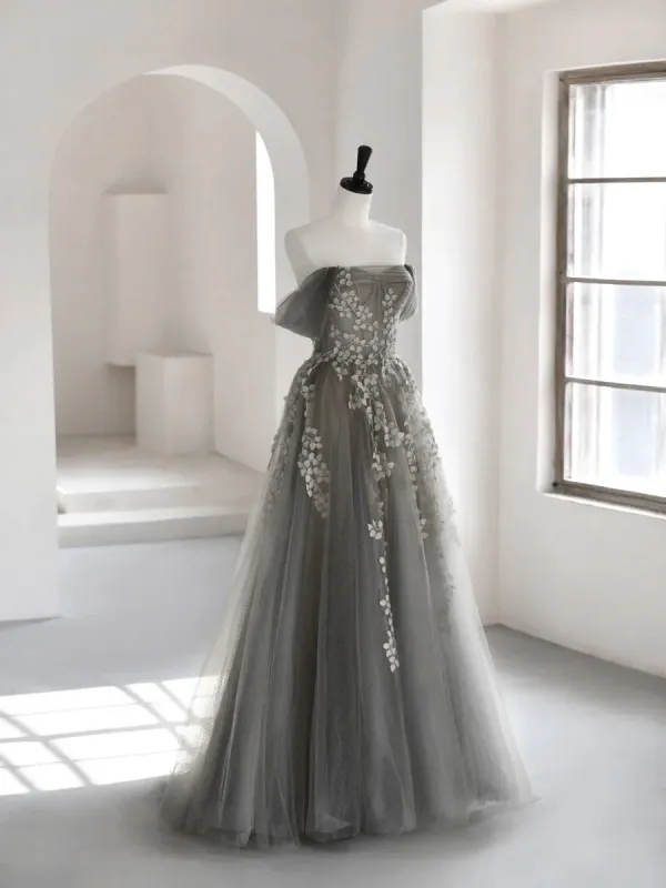  GPPZM Elegant Silver Gray Off Shoulder Evening Formal Dresses  Satin Backless Side Split A-Line Prom Dresses Robe (Color : D, Size : 16W)  : Everything Else