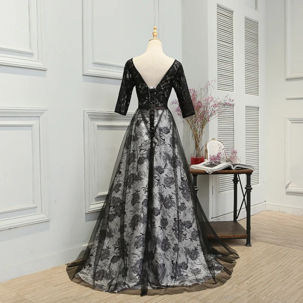 Flower Fairy Black Court Train Evening Dresses  2018 A-Line / Princess V-Neck Backless Printing Charmeuse Evening Party Prom Dresses