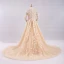 Elegant Champagne Wedding Dresses 2017 A-Line / Princess V-Neck Long Sleeve Appliques Lace Ruffle Tulle Chapel Train