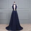Sexy Bleu Marine Robe De Soirée 2017 Princesse V-Cou Sans Manches Paillettes Ceinture Dos Nu Robe De Ceremonie